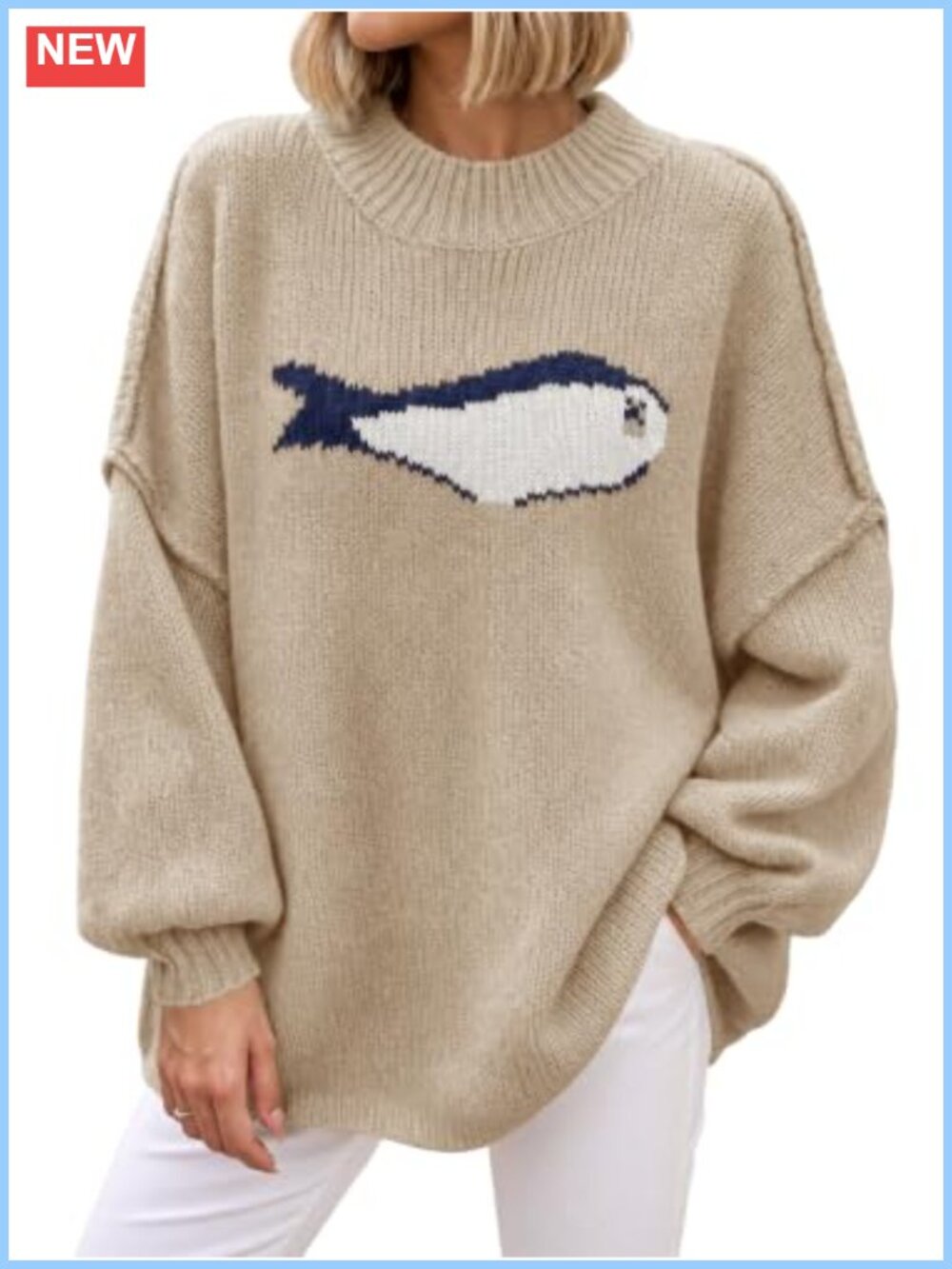 Womens Oversized Chunky Knit Mock Neck Fish Graphic Pullover Sweater